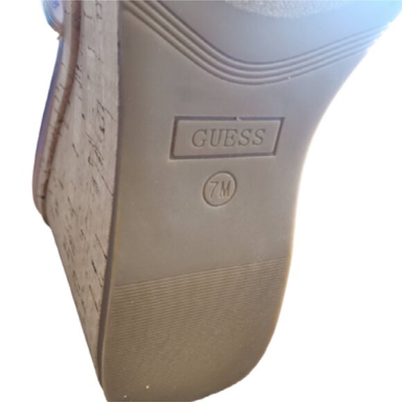 Guess Size 7 Womens Cork Platform Wedge Heels with Pink Sparkle Logo - Picture 8 of 8